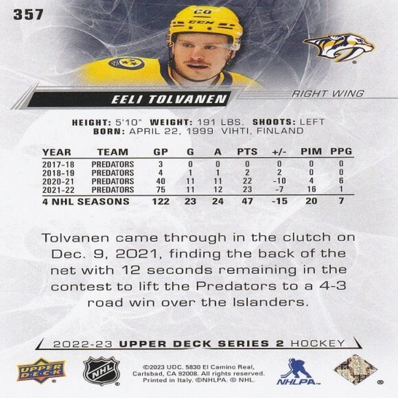 Eeli Tolvanen - 2022/2023 Upper Deck Series 2 Hockey Card - Picture 2 of 2